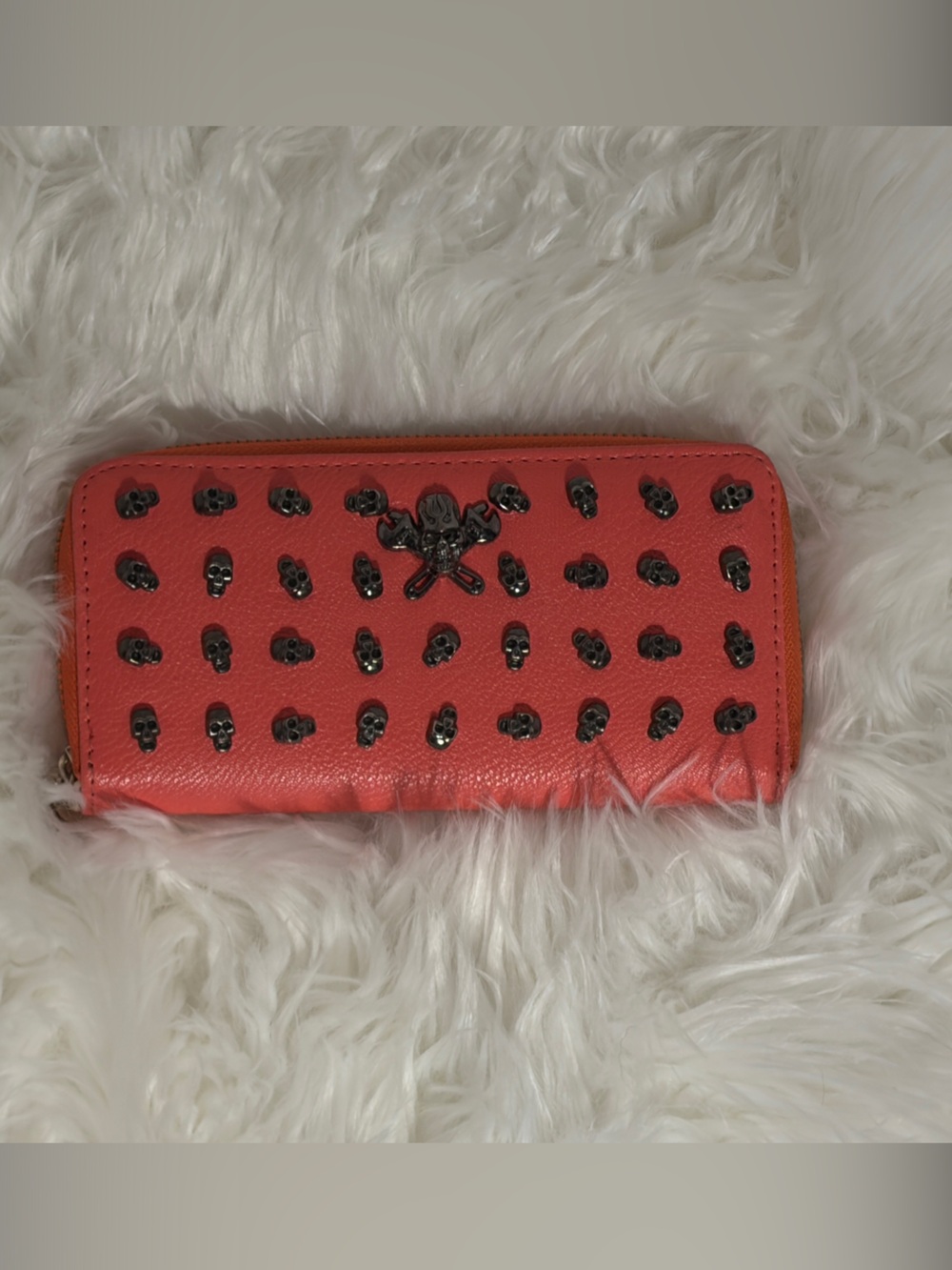 Source Unknown Coral Zip Wallet with Black Skull Studs